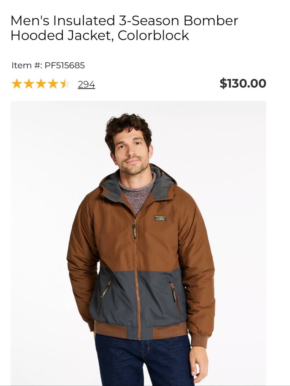 Men's Insulated Colorblock Bomber Hooded Jacket - Brown/Gray L.L Bean